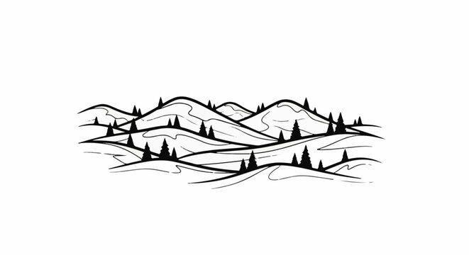 Stylized minimalist black and white illustration of rolling hills and evergreen trees
