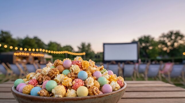 Bowl of colorful popcorn at outdoor movie screening during dusk