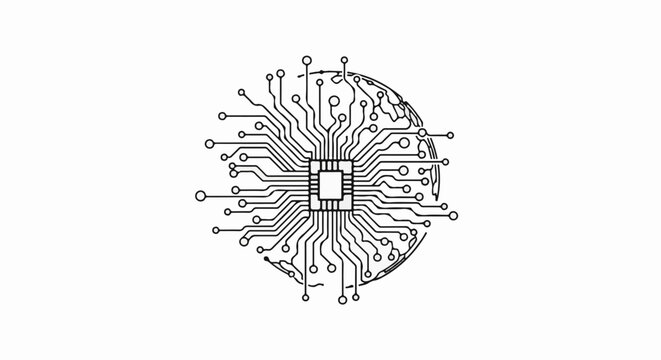 Stylized circular circuit board with central processor and radiating connections