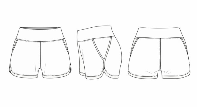 Three-view sketch of athletic shorts with wide waistband and curved hem