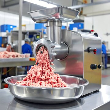 A stainless steel meat grinder in an industrial kitchen processing raw meat