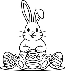 Obraz premium Cute Easter bunny sitting with decorated eggs on a plate smiling