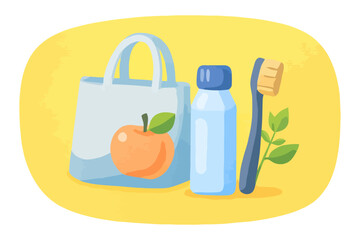 Obraz premium Flat illustration of eco-friendly items including reusable bag, water bottle, fruit, and bamboo toothbrush promoting sustainable daily habits.