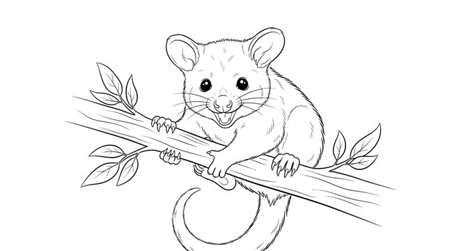 Cute possum illustration on a tree branch, black and white line art, happy expression.