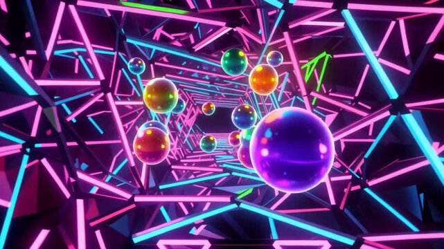 Abstract 3D render of a geometric tunnel constructed from glowing pink, blue, and green neon tubes, featuring various floating glossy spheres in orange, purple, and cyan shades.