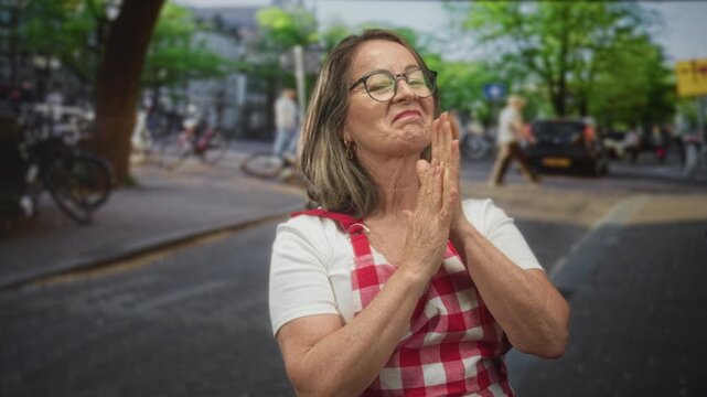 Hispanic woman clasping hands at chest wearing red checkered apron and glasses on street beside bicycles and parked car; gratitude.