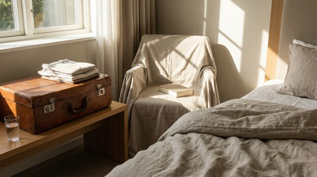 Sunlit hotel room with vintage suitcase and bed suggesting jet lag
