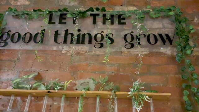 let the good things grow quote on brick wall with hanging green plants