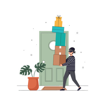 Flat Vector Illustration of a Porch Pirate Stealing Packages