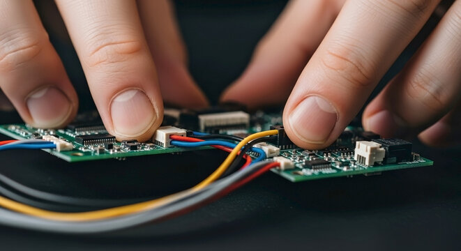 Close-up of a technician's hands assembling an electronic circuit board. Engineer connecting wires to a green pcb with microchips. Technology hardware repair and manufacturing concept