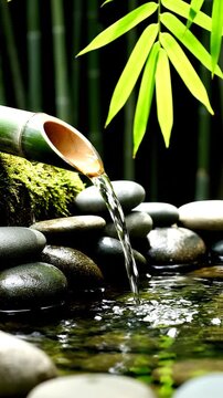 Traditional Japanese bamboo water fountain spout pouring clear water onto smooth dark river stones and green moss in a zen garden pond with a lush bamboo grove background.
