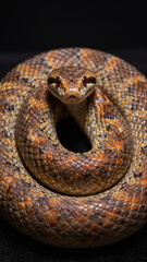 Fototapeta premium Coiled Brown Snake With Red Eyes Facing Forward On Black Background
