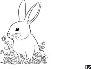Fototapeta premium Black and white illustration of a bunny smelling flowers with decorated Easter eggs