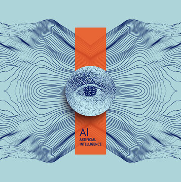 Dynamically emitted particles. Splash simulation. Idea generation concept. Eye inside a circle. Digital vision. Abstract background. Grid. 3D illustration for poster, presentation, flyer, or banner.