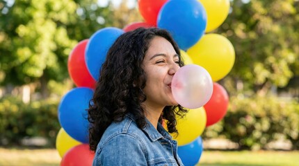 Obraz premium Young woman blowing bubble in park with colorful balloons