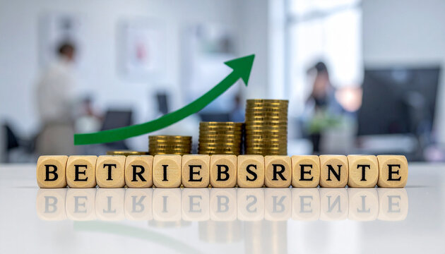 Holzklötze bilden das Wort "Betriebsrente" auf Münzstapel , mit einen steigenden grünen Pfeil.