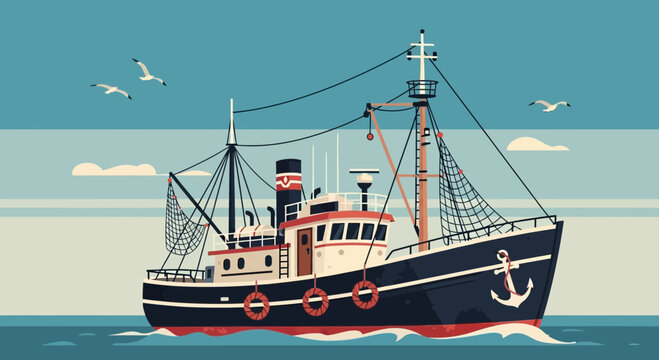 Fishing trawler boat sailing on the sea with seagulls flying around