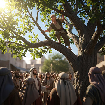 Zacchaeus climbing a sycamore tree to see Jesus Christ passing through the crowd.