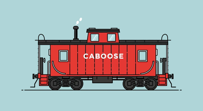 Red caboose train car illustration with "CABOOSE" text on a blue background