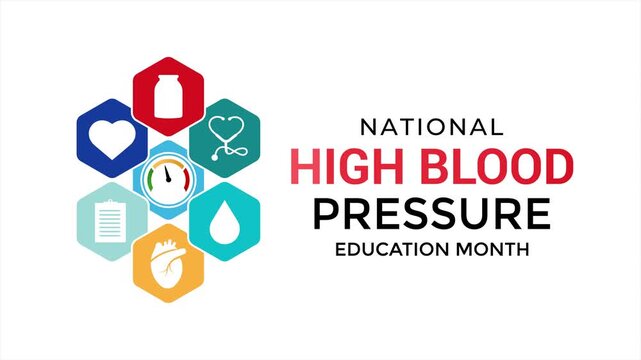 Animation of High blood pressure awareness month awareness . Minimal medical animation with heart icon and gauge meter in a clean flat vector style for healthcare education. 4k video animation.