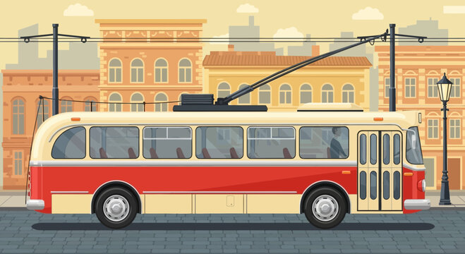 Retro trolleybus on a city street with vintage buildings