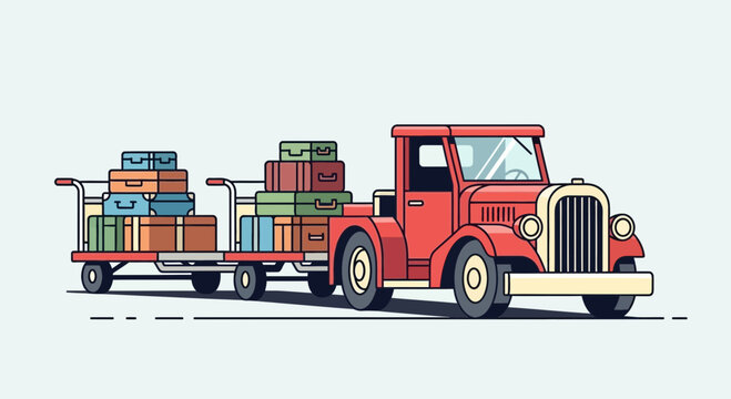 Vintage truck towing luggage cart full of suitcases, travel concept