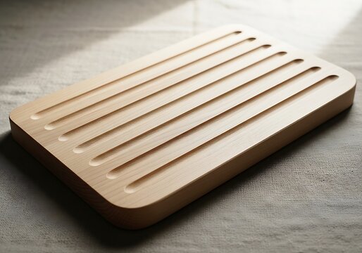 Minimalist wooden breadboard with parallel grooves under soft light