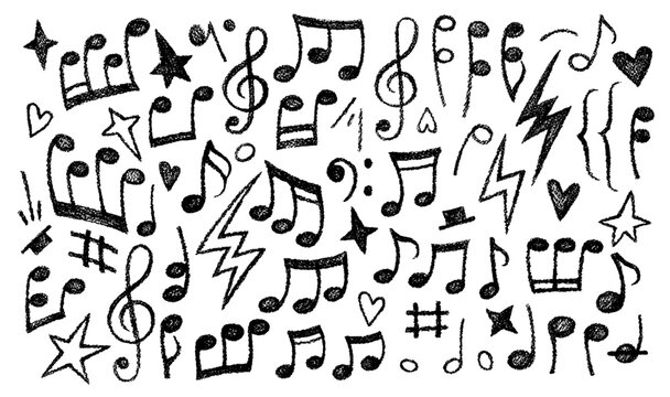 Crayon hand drawn icons of music notes. Doodle elements of sing or melody signs with chalk texture. Big set of black crayon music notes isolated on white background, vector illustration