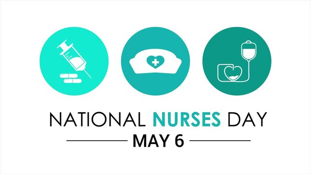 National Nurses Day animation featuring a stylized nurse character with medical icons, clean flat design, and soft healthcare color palette. Medical animation with nurse illustration. 4k video.