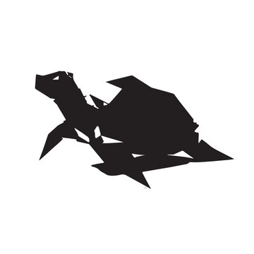 Black Low Poly Origami Inspired Sea Turtle, Geometric Polygon Marine Animal Silhouette Vector Illustration Isolated on White Background for Tattoo, Logo and Modern Art Design