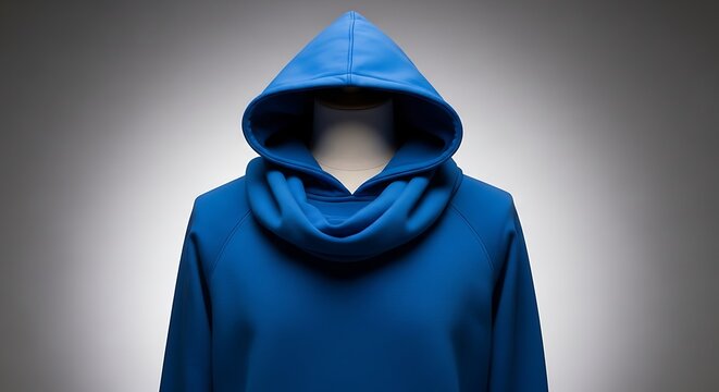 Bright blue hooded sweatshirt with a large cowl neck, presented on a mannequin, studio shot, product shot, casual wear, winter clothing