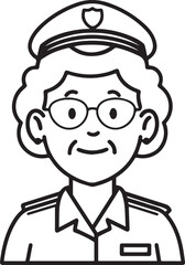 Obraz premium Hand Drawn Elderly Female Police Officer Black and White Illustration in Minimal Line Art Style Design