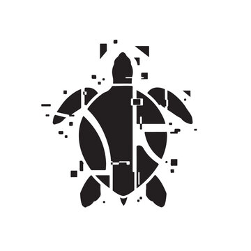 Black Sea Turtle Breaking Apart into Geometric Pieces, Abstract Disintegration Effect Marine Animal Vector Illustration for Modern Art, Tattoo and Print Design