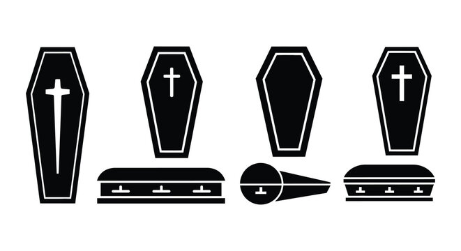 Black and white illustration of coffins casket and related funeral items