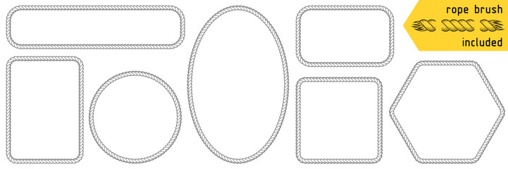 Rope frames, set of string borders. Rectangular, round, oval, square, hexagon shapes for decorative sea, nautical, cowboy designs. Rope brush included. Vector illustration isolated on white background © marina_ua