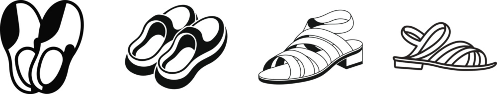 Various types of summer sandals and casual footwear for women including flip flops and stylish strapped beach fashion.