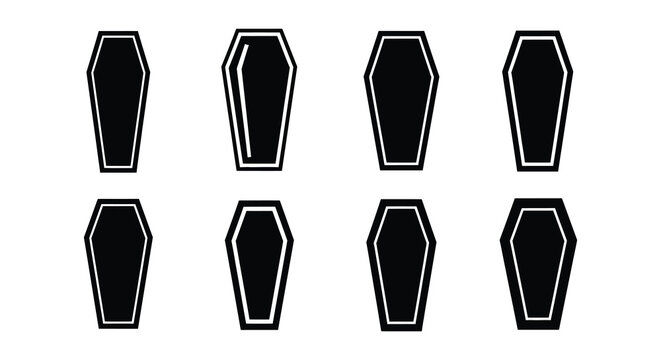 Black and white illustration of coffins casket and related funeral items