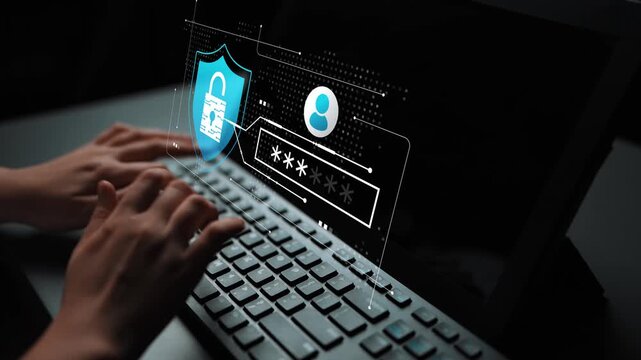 Hands Typing Password in Front of Black Laptop with Digital Security Icons and Lock Symbols Representing Cybersecurity and Online Privacy Protection Gluon.