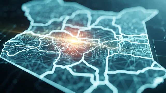 Digital map of a country with glowing connections and circuits