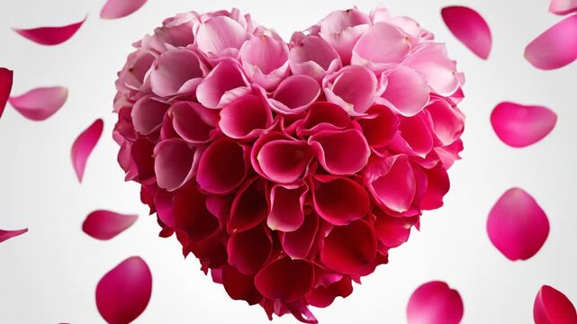 A heart shape made of beautiful pink and red rose petals isolated on white background