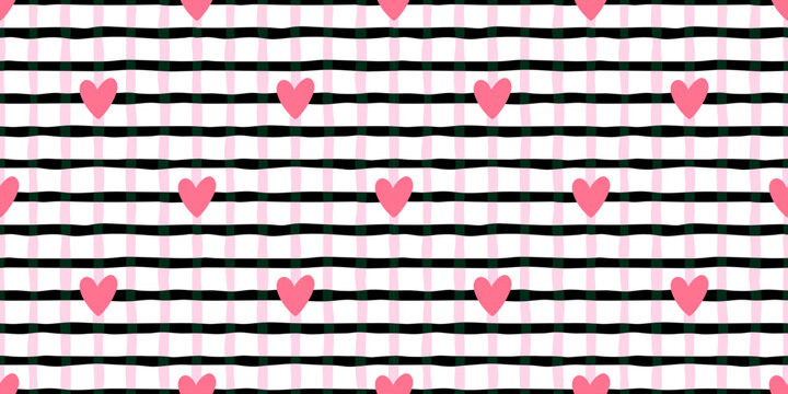 Seamless pattern heart with kid y2k black for kawaii bg cute. Quilt checkered texture with 00s girly coquette for collage pastel emo. Vector background seamless with stripe kid notebook for y2k.