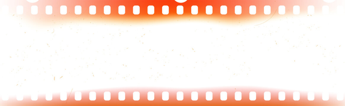 Isolated 35mm film burn PNG overlay with orange light leaks. Transparent vintage photographic frame with dust and scratches for cinematic retro video and photo.