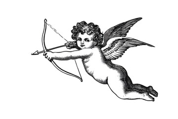 Fototapeta premium Vintage cupid illustration with bow and arrow isolated on white background. Love and valentine concept with retro romantic aesthetic.