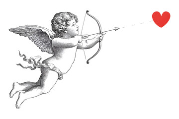 Fototapeta premium Cupid illustration shooting arrow toward red heart isolated on white background. Romantic love concept in vintage engraving style.