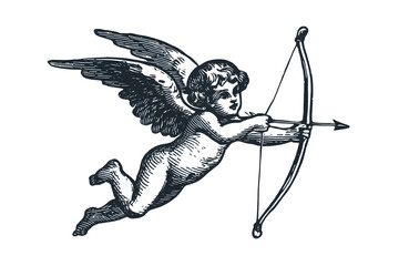 Fototapeta premium Vintage cupid illustration with bow and arrow isolated on white background. Love and valentine concept with retro romantic aesthetic.