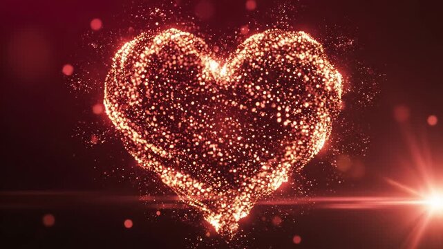 Happy valentines day background with a glowing heart shape formed by golden light particles and bokeh circles on a dark red backdrop