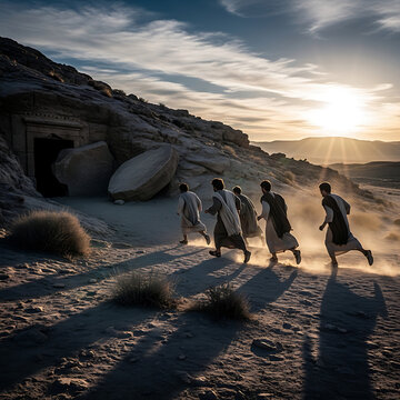 Disciples Running Toward Empty Tomb at Sunrise Resurrection Easter Morning Biblical Scene