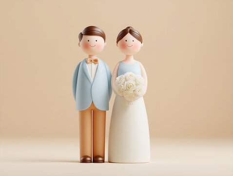 Wedding couple with bride, groom, and bouquet in a cute 3D style for invitations and bridal branding