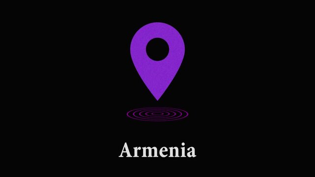 Purple map pin icon with ripple effect and the word armenia below it on a black background, motion graphics