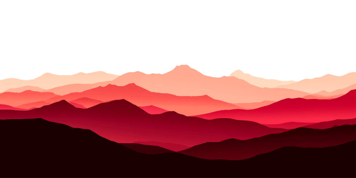 A misty blue sunset silhouettes a mountain range valley as the sun dips below the horizon in this vector landscape illustration